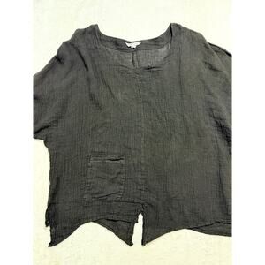 Luna Luz Black 100% Linen Gauze Boxy Crop Top Asymmetrical Sharkbite Hem Sz S/M